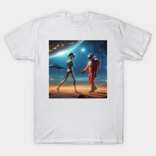 Beyond Boundaries: A Profound Encounter of a Human Shaking Hands with an Extraterrestrial Being T-Shirt